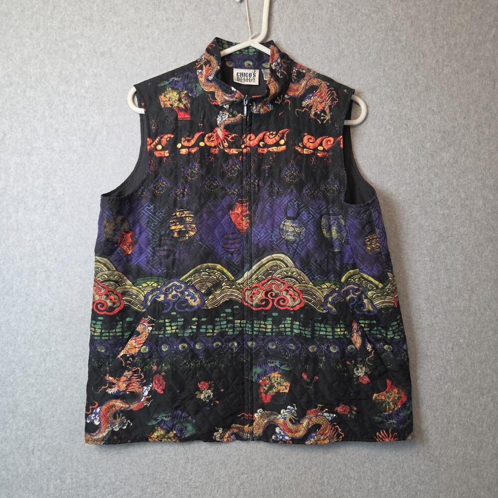 Chico's Design Silk Asian Dragon Cloud Landscap Quilted Zip Up Vest Size 2 Large